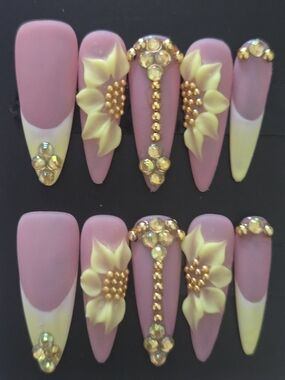 Hand Crafted Yellow Floral Rhinestone French Stiletto Press-On Nails
